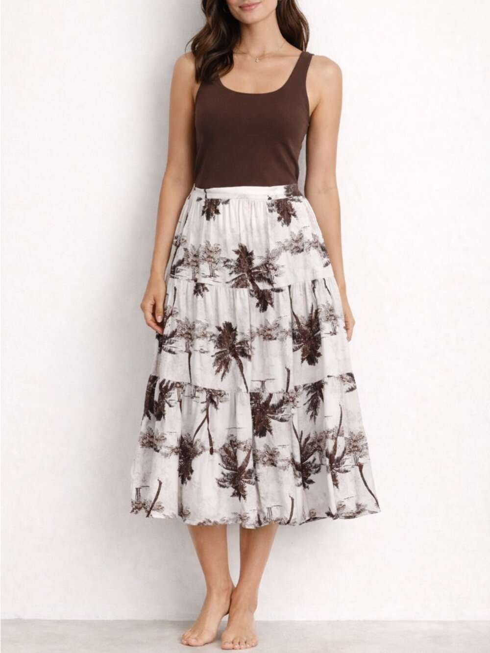 Paper Crane Tiered Midi Skirt Browns Linen Blend